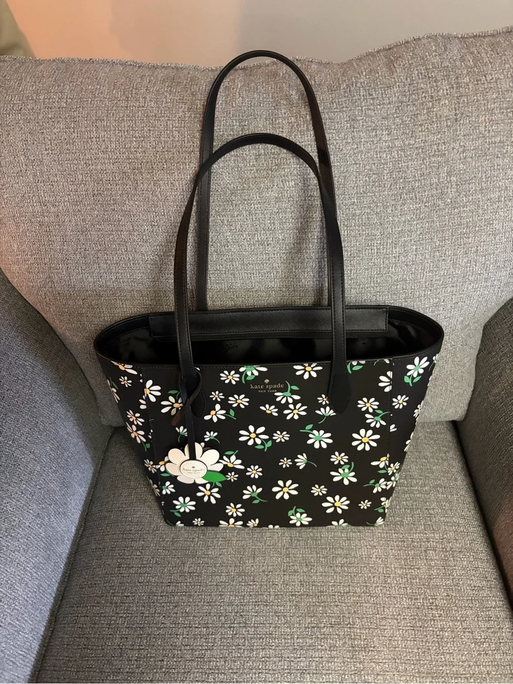 kate spade Black Floral Daisy Tote with Green Accents